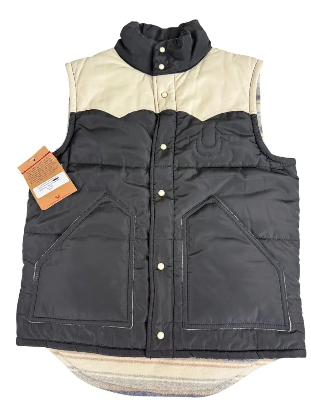 True Religion Mens Med Black/Cream Snap Puffer Vest Leather Yoke Western Retro